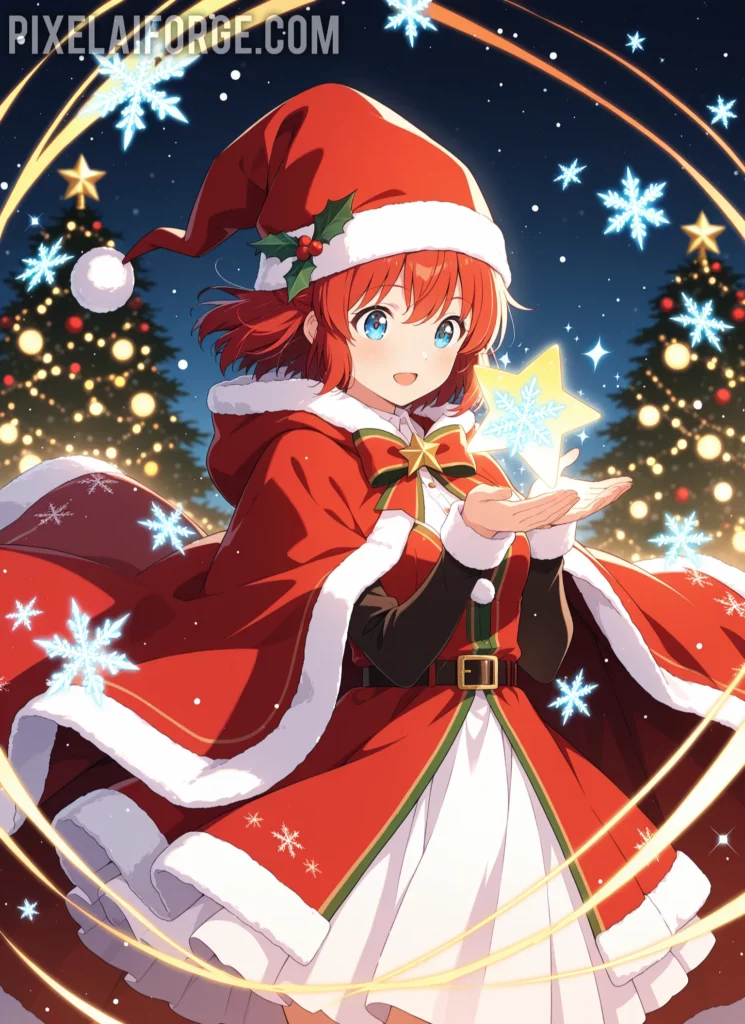 Anime navideños estilo fantasía, personaje con capa invernal mágica