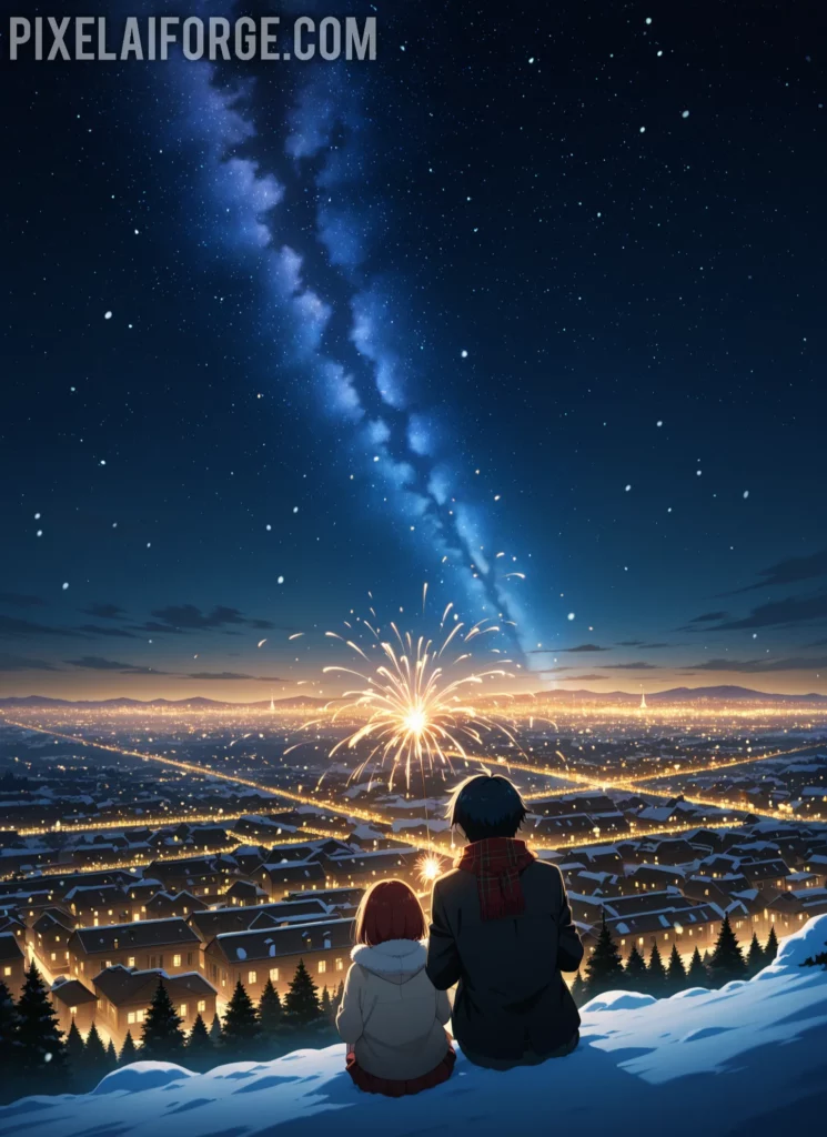 Escena épica anime navideños, ciudad cubierta de nieve