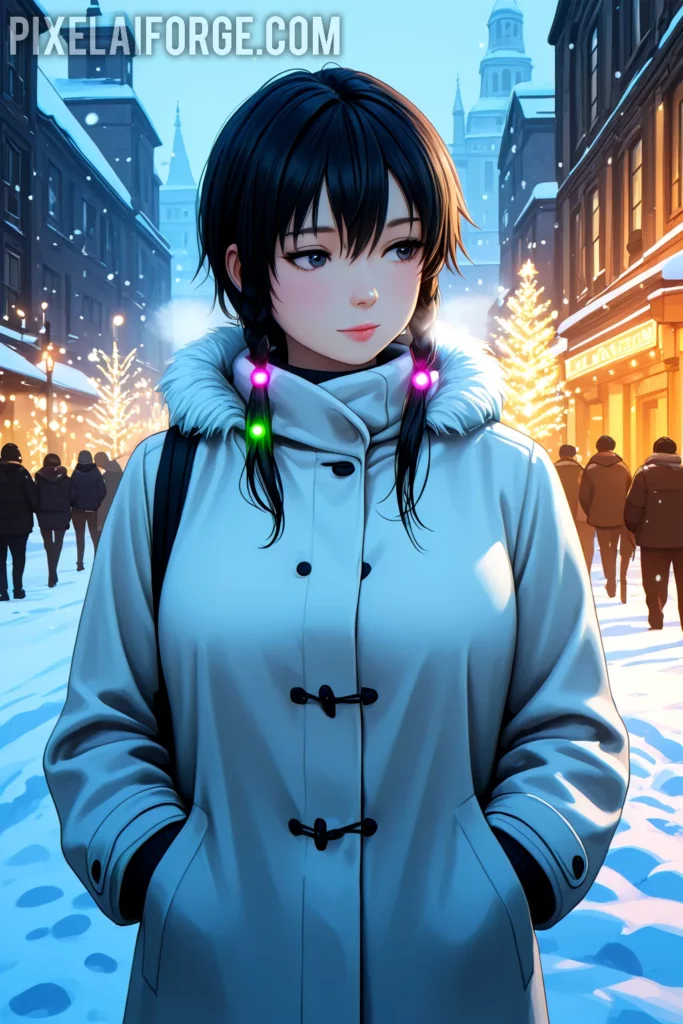 Ilustración anime navideños estilo semi realista, joven con abrigo invernal