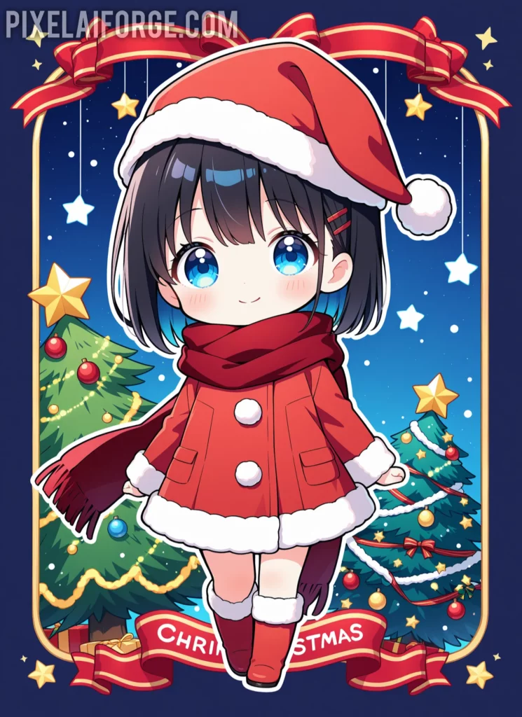 Personaje anime navideños kawaii, chica con gorro de Santa Claus