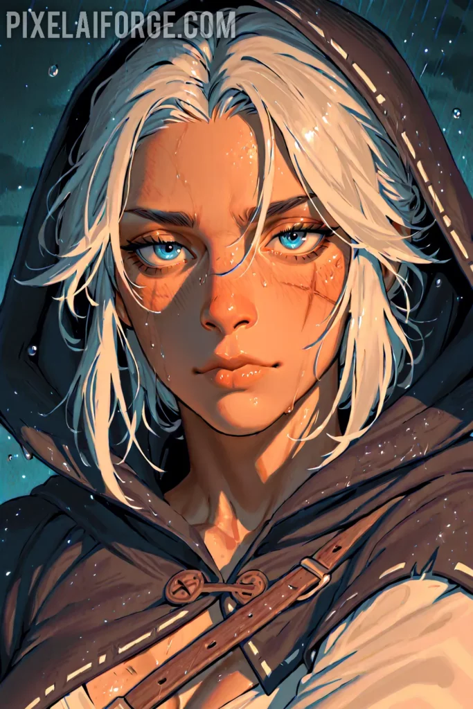 Close-up of Ciri, face marked with a small scar, intense blue eyes