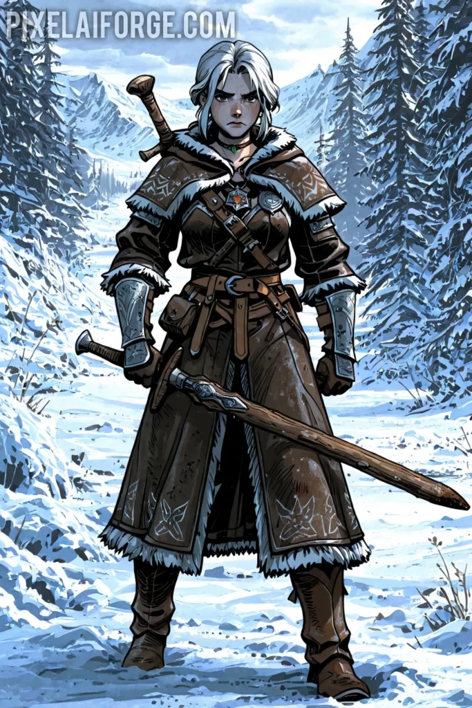 Full body shot of Ciri in Kaer Morhen training grounds
